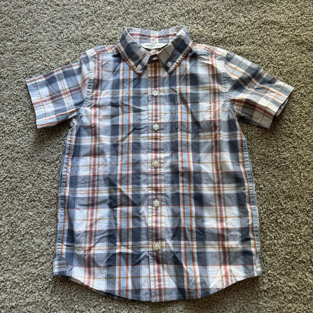 NWT Janie and Jack Toddler Boy SS Poplin Plaid Blue Top Sz 5
